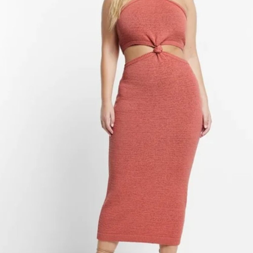 Express Women's Coral Blush Halter Knot Front Cutout Sweater Midi Dress - Picture 4 of 11